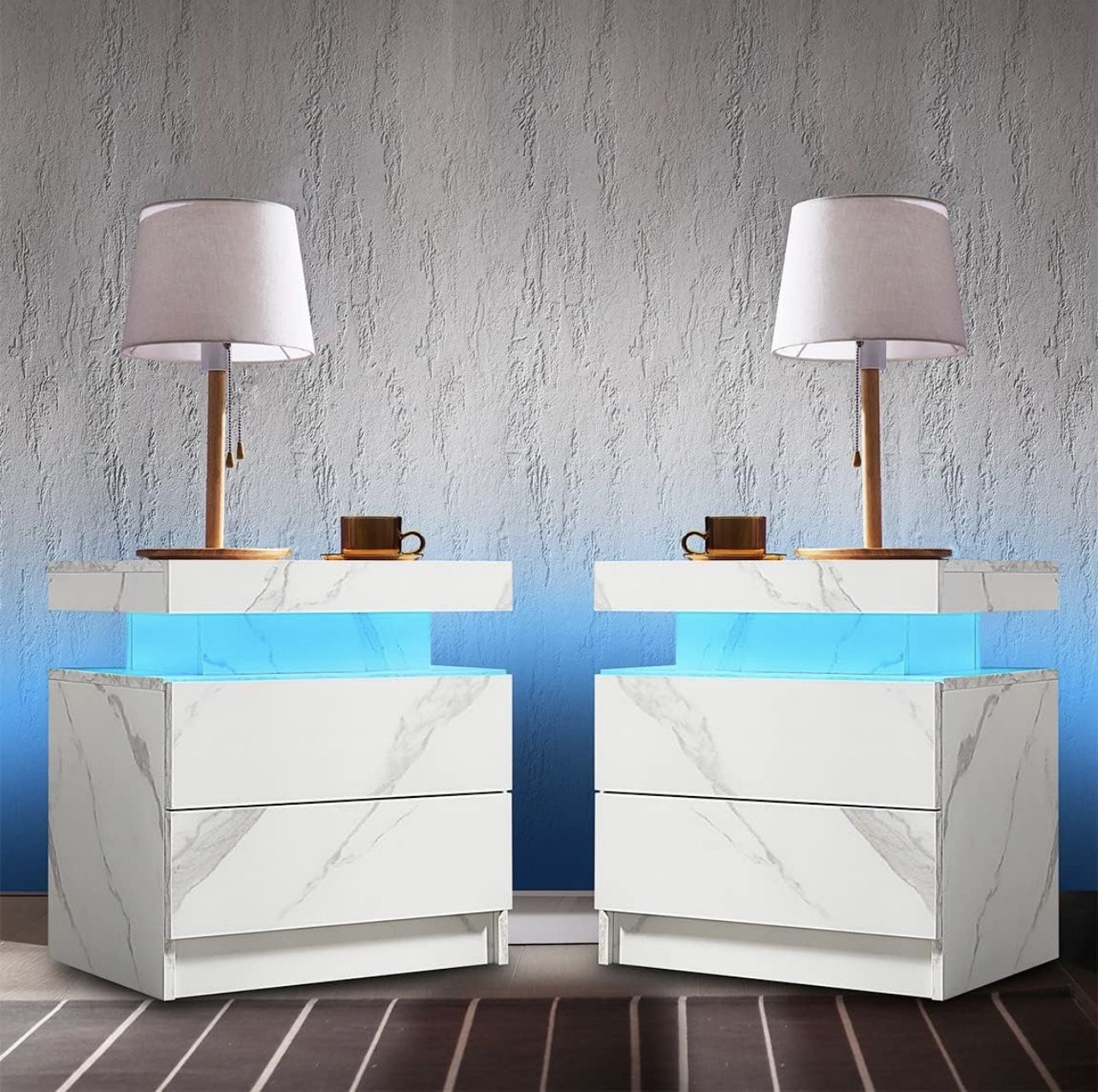 Nightstand Set of 2 LED Nightstand with 2 Drawers, Bedside Table with Drawers for Bedroom Furniture, Side Bed Table with LED Light, White Marble