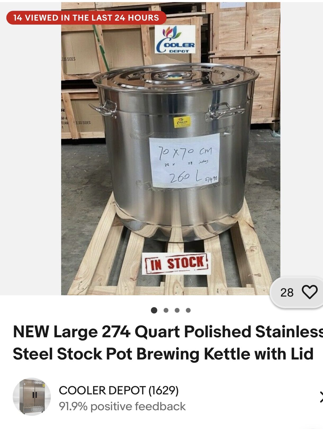 NEW Large 274 Quart Polished Stainless Steel Stock Pot Brewing Kettle with Lid