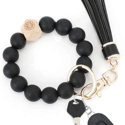 Keychain Bracelet Silicone Wristlet Key Ring Bracelet Fashion Elastic Soft Bead Bangle chains With Tassel for Women Men
