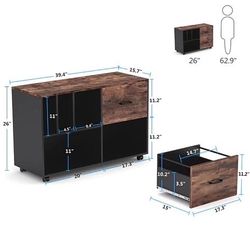 New Rustic Brown Mobile Lateral File Cabinet with 2 Drawers