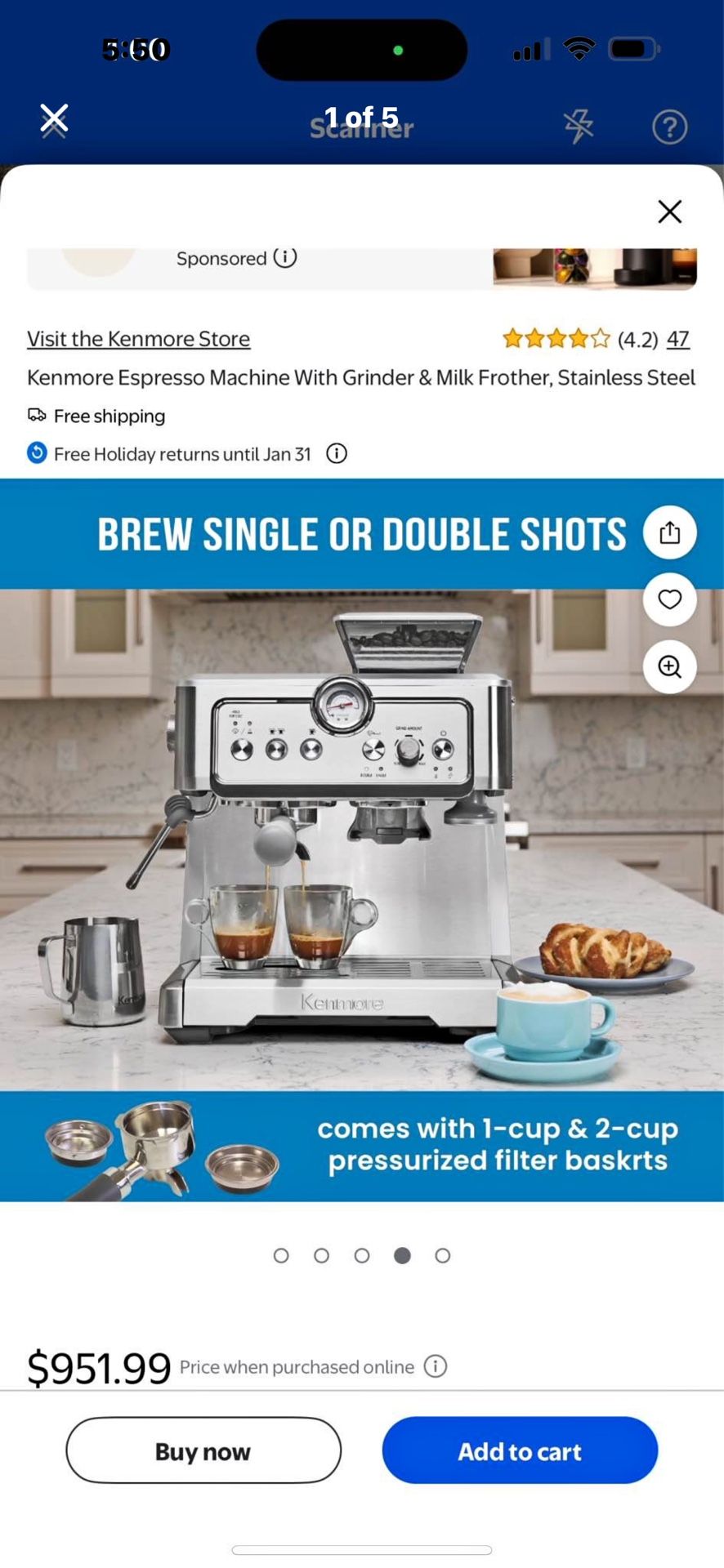 Kenmore Espresso Machine With Grinder & Milk Frother, Stainless Steel