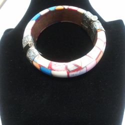 Vintage Ethnic Hinged Colorful Bone & Wood Bangle 