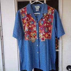Vintage Quacker Factory Blue and Red Casual Button Down Shirt Sz. L Women's 