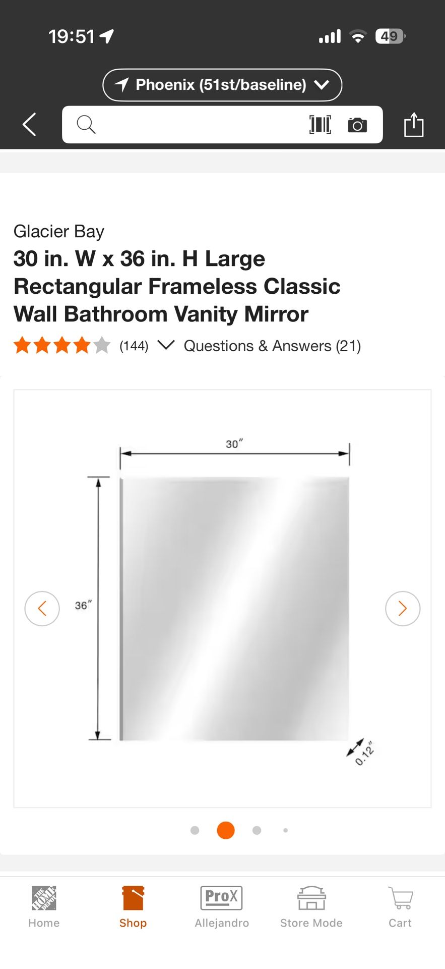 Mirror 30 in. W x 36 in. H 