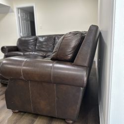 Brown Leather Curve Couch W/ Ottoman 