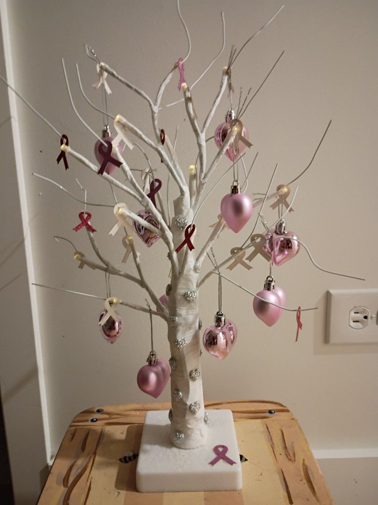 Beautiful Breast Cancer Tree With Lights And Heart Ornaments