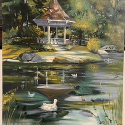 “ Lake of Gazebo”Original Oil Painting, 24”x36” .French Country with signature. 