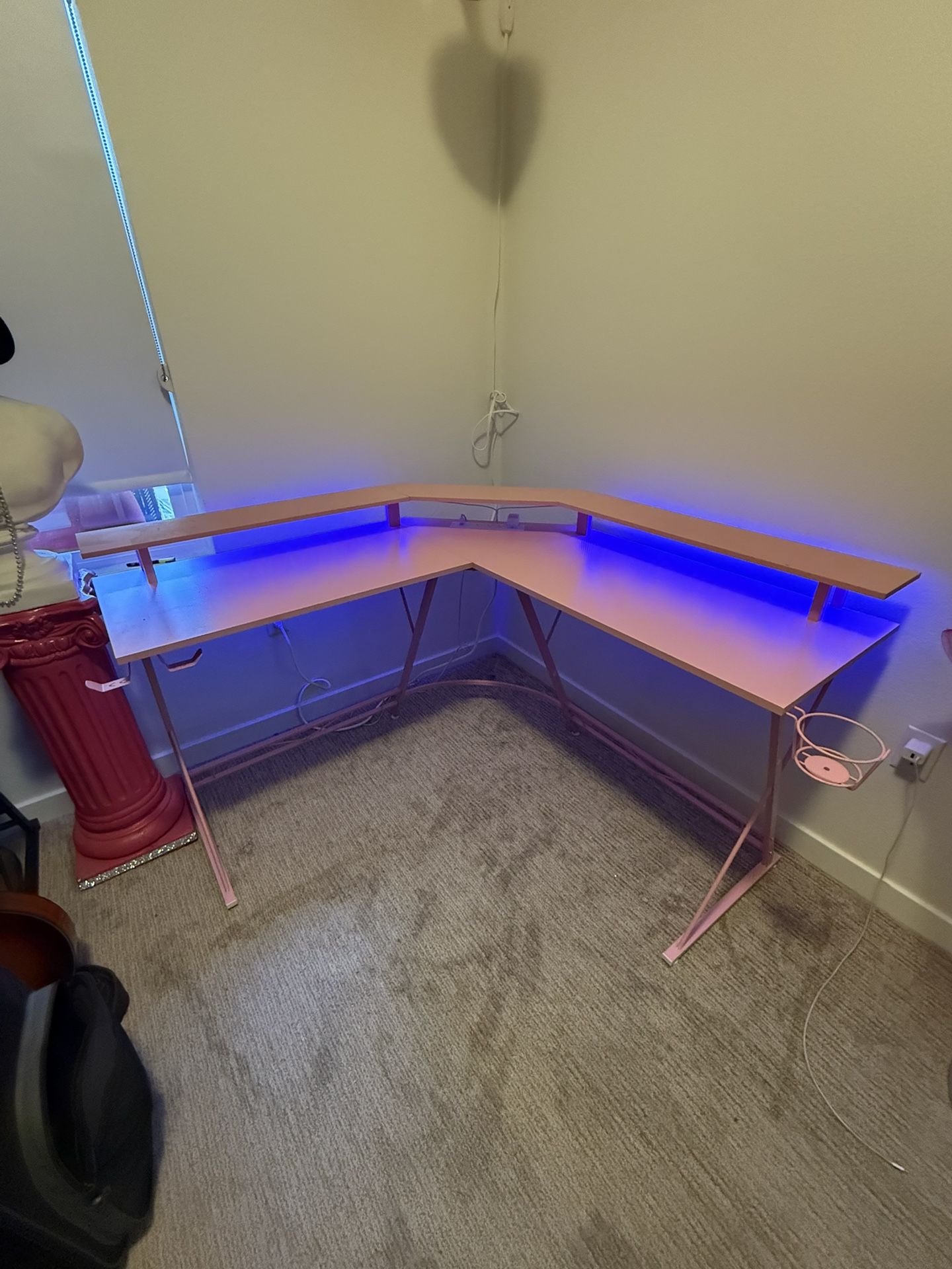 Pink Two Tier Desk With Outlets And LED Lights
