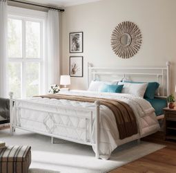 White Metal Bed Frame w/ Headboard & Footboard – Queen Size