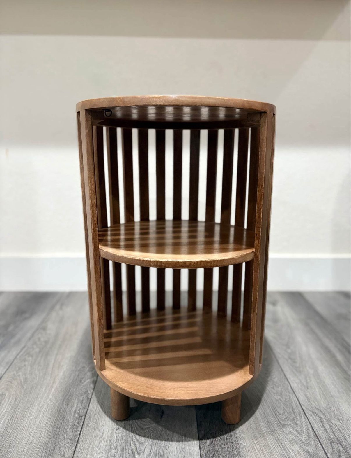 Wood Slat Round End Table with Shelves | New