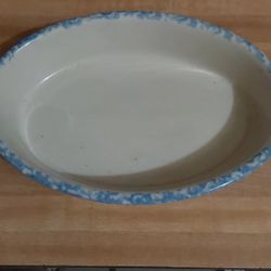 ,Roseville Blue Spongeware 9" oval serving bowl
