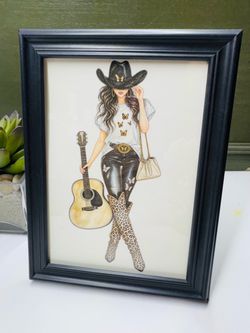 Cowgirl with butterfly shirt & guitar picture