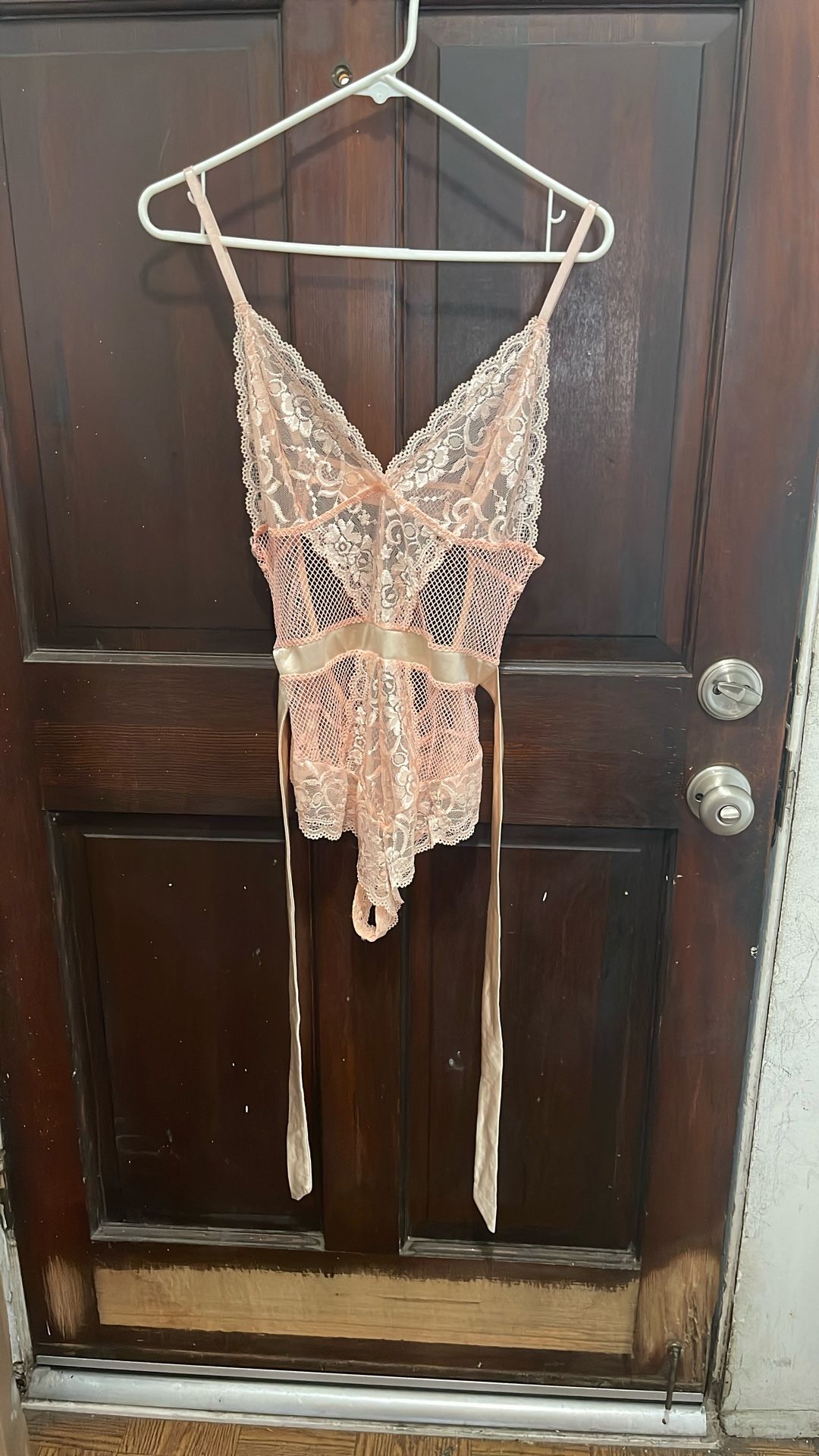 Garmol Lingerie Teddy One Piece Bodysuit  Peach Allover Lace Halter Wireless