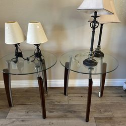 Glass And Black End Tables And Lamps