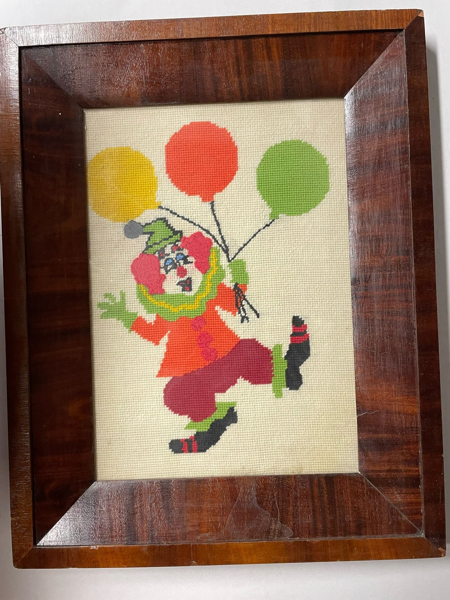 Antique Mahogany Frame With Needlepoint Clown And Balloons