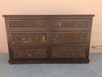 6-Drawer Wood Dresser with Woven Rattan Fronts