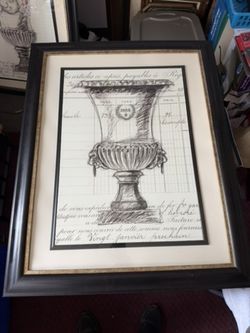 Pier 1 Large Framed Art – French Urn Sketch on Vintage Script, Black & Cream