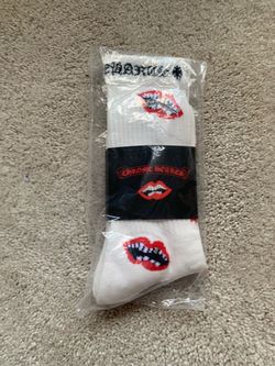 White Chrome Heart Socks Black Writing