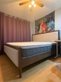 Mid-Century Modern King Upholstered Bed Frame + hybrid mattress firm medium 12 inch