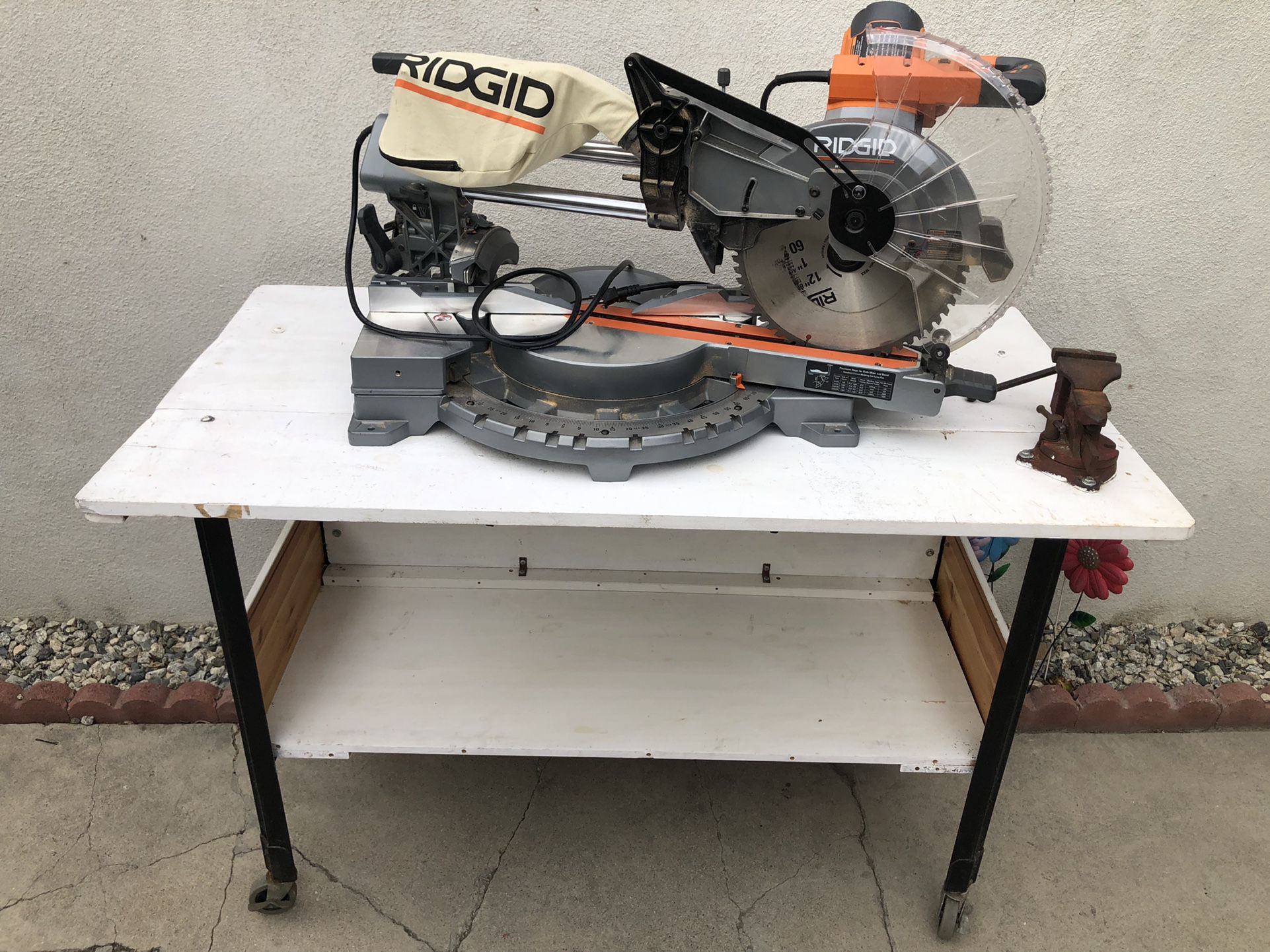Ridgid Sliding Miter  Saw #R4221. Vice And Solid Metal Wood Work Tablet With Wheels 