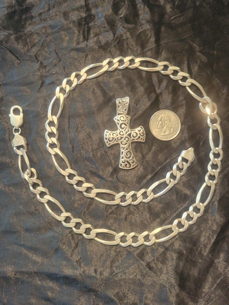 Figaro Heavy Solid Silver Chain 24" w/ Silver Filigree Cross Pendant.
