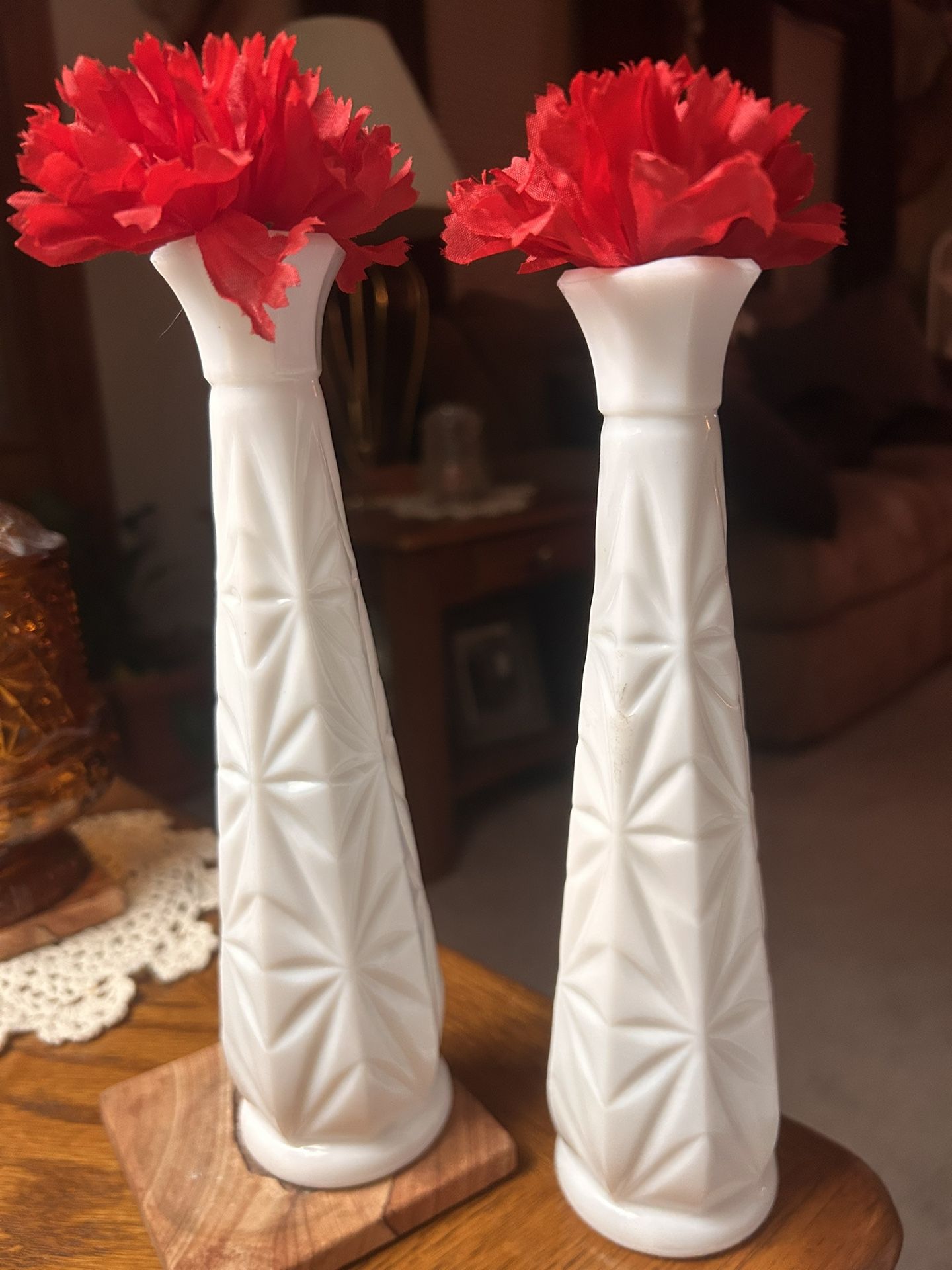 Vintage 1950's Anchor Hocking White Milk Glass Starburst Bud Vases PAIR