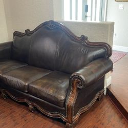 Wood Trim Leather Sofa