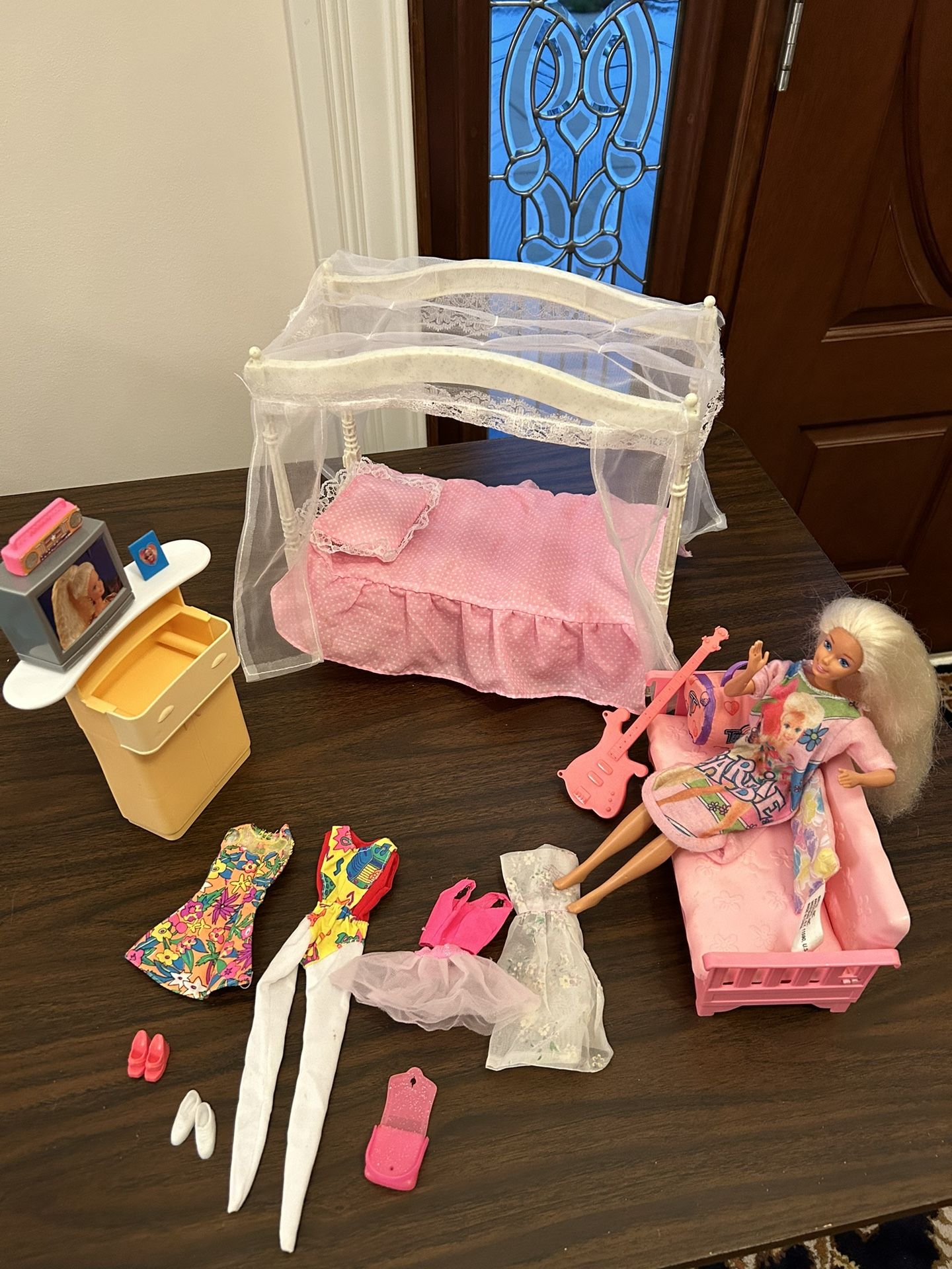 Vintage Barbie or same size doll, master canopy, bed, dresser, and sofa with Barbie doll and clothes