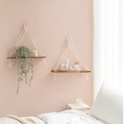 Mkono Macrame Hanging Shelves Boho Wall Decor Set of 2 Rustic Wood Floating Storage Shelf for plants