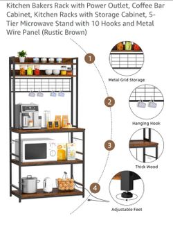 kitchen baker's rack featuring a multi-tier design with rustic brown shelves and a black iron frame.