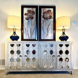 🔆🔆UNIQUE HONEYCOMB MIRRORED WHITE WASH sideboard/dresser/buffet/tv Stand/changing Table/credenza