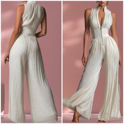 Women's Sleeveless Pleated Wide Leg Jumpsuit High Neck Zipper Front XS