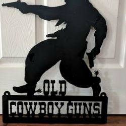 OLD Cowboy Guns Sign, Heavier metal cut out in black color finish  barn door, wall, building, store, door mount