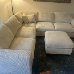 New 6 Piece Modular Sectional.  Off White/Beige Corduroy Fabric.  99”x99”.  Free Delivery!