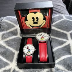 NIB Disney His and Hers Watch Set Classic Mickey & Minnie Red Bands Accutime