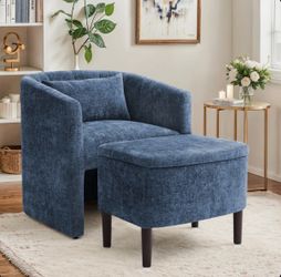 Navy Blue fabric accent chair with storage ottoman