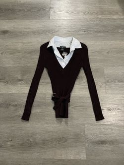 Vintage 1990s It’s Our Time Kohls Womens Brown Ribbed Office Siren Longsleeve Button Up Shirt