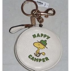 Coach Snoopy Peanut Round Bag Charm Keychain Happy Camper Leather Coin Purse NWT