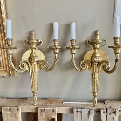 50’s French Louis XVI Gilt Brass Wall Light Electric Candle Sconces 