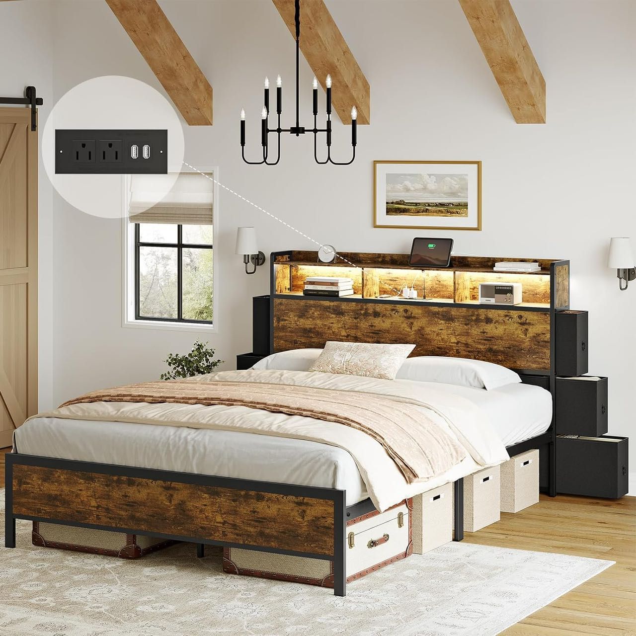 Full Bed Frame with Bookcase Headboard and 6 Headboard Storage Drawers LED Lights Metal Platform Non-Slip Without Noise Metal Slats Support No B