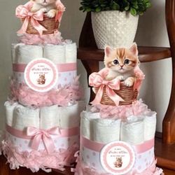 2 PINK and WHITE kitty baby shower diaper cakes 