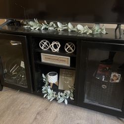 Black Wood TV Stand With Glass Doors/Shelves