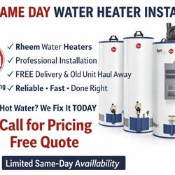 Hot Water Now! Rheem Gas Water Heaters — Free Delivery & Haul-Away
No hot water? Solve it today with FREE delivery, installation, and haul-away
✨ Bran