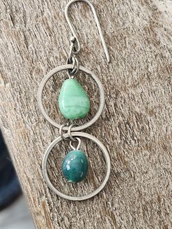 Silver-Tone Double Hoop Dangle Earrings with Green Glass Beads - 2.5"