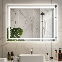 36"x 48" Lighted Anti-fog LED Bathroom Vanity Mirror with Dual Light Source and Three Lighting Modes, White