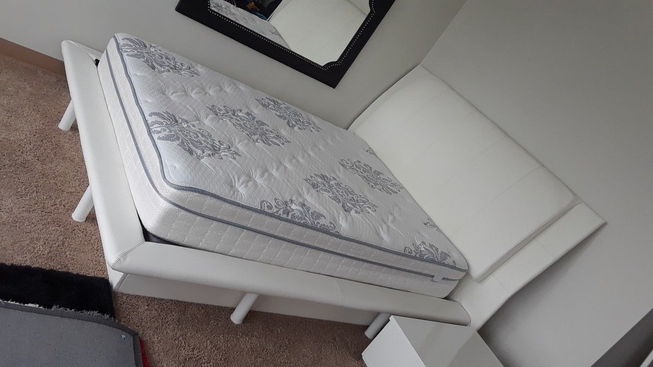 White leather bed with mattress or box spring