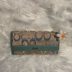 Y2K Coach Optic Pleated Wallet in Teal & Beige