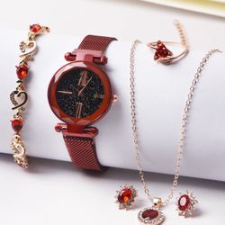 Elegant Starry Sky Dial Round Pointer Quartz Watch Women 5 PCs 
