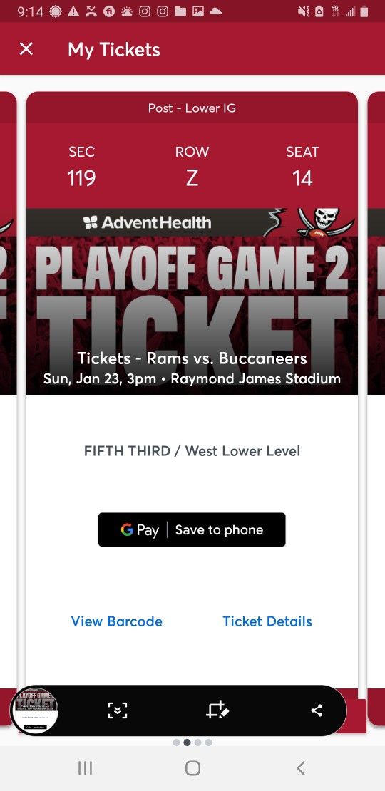 Two Tickets Buccaneers Vs Rams Section 119 Bucs Entrance And Exit