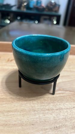 Teal Glazed Ceramic Planter with Metal Stand